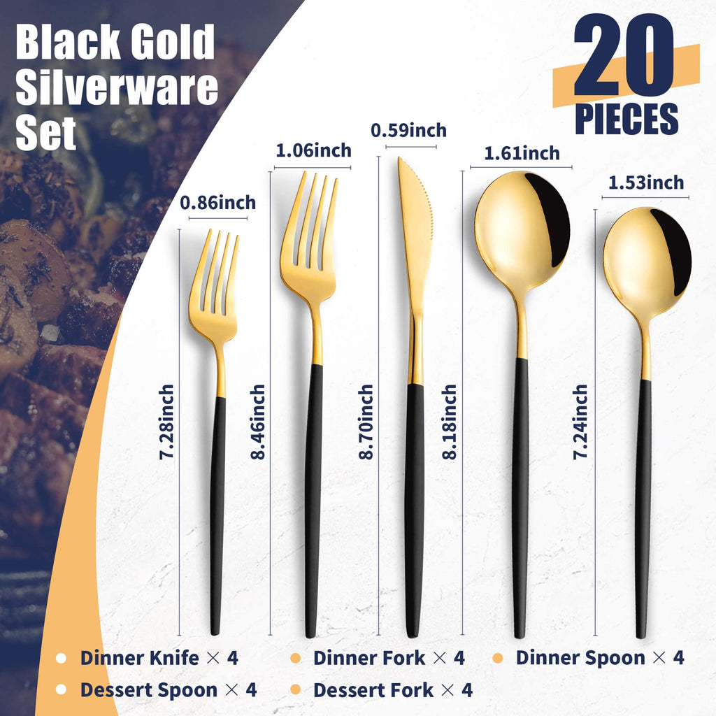 20 Piece Black Gold Silverware Set,Stainless Steel Flatware Cutlery Set Service for 4 Including Forks Spoons