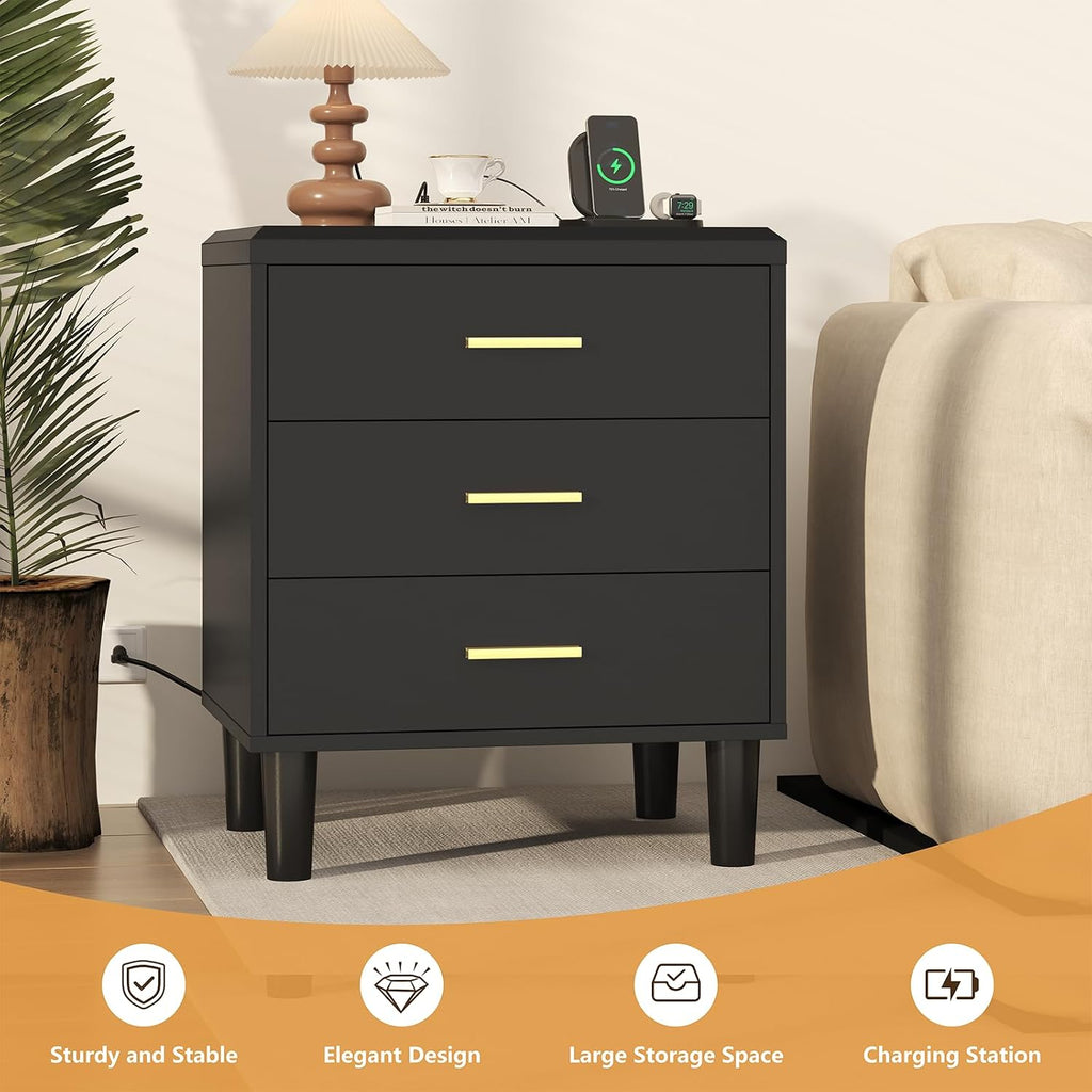 Nightstand with Charging Station, 3 Drawers Bedside Table with Solid Wood Legs, UL Certified Power Outlet End Table