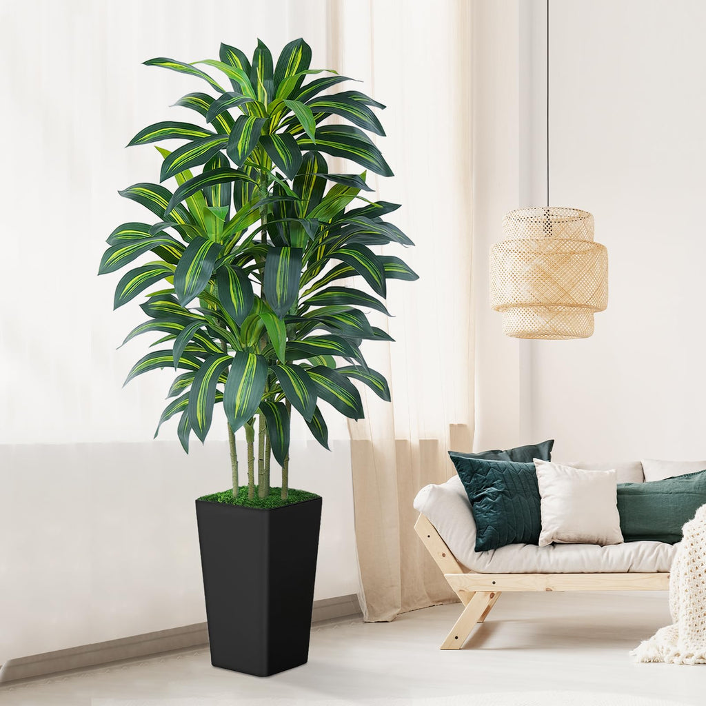 6FT Artificial Dracaena Tree - High-Density Foliage Fake Plant with Black Tall Planter - Faux Yucca Floor Plant Decor