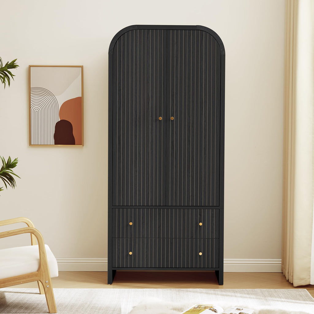 Arched Armoire Wardrobe Closet, Mid-Century Modern 2-Door Freestanding Wardrobe with Hanging Rod and 2 Drawers