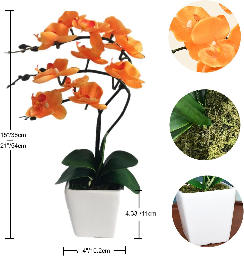 15" Silk Phalaenopsis Orchid in Square Pot, Orange Flower Plant Arrangement