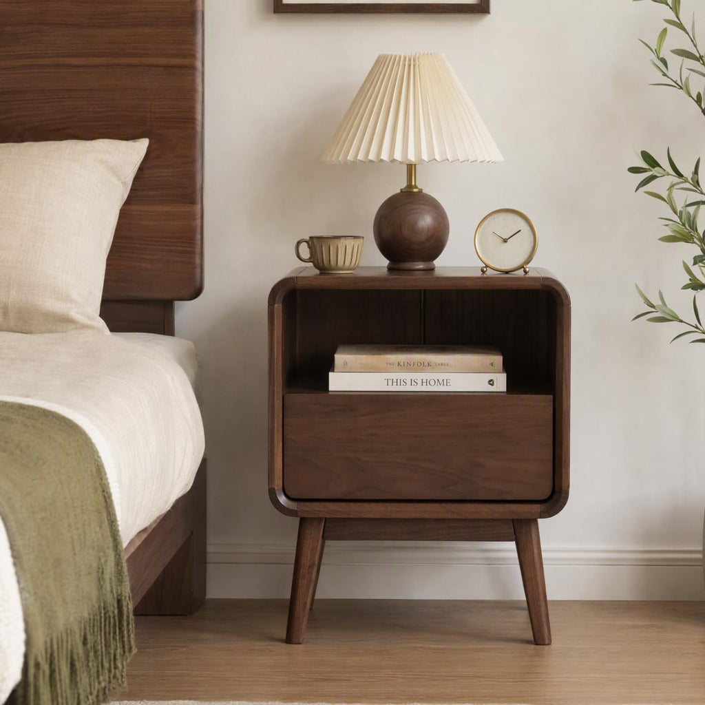 100% Solid Wood Nightstand, Walnut Night Stand with Drawer and Open Shelf, Mid Century Nightstand, Wooden