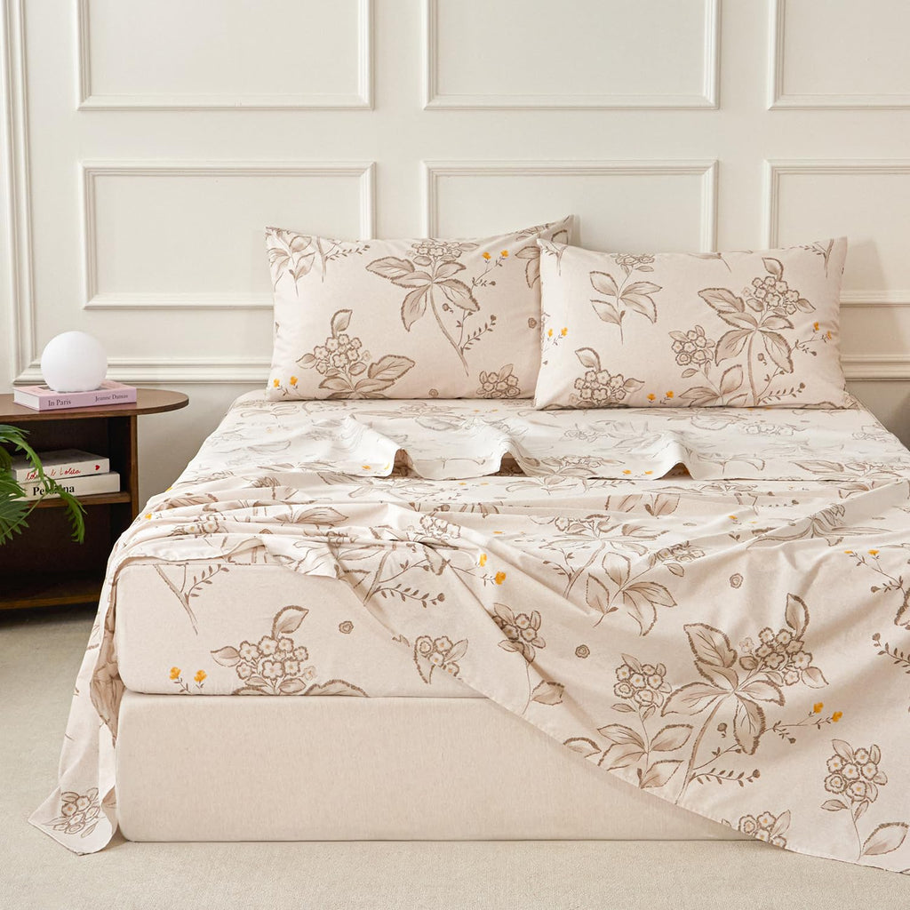 Cream Floral Bed Sheets Set 100% Cotton Percale Sheets Farmhouse Flower Printed Beige Vintage Cottage Bedding
