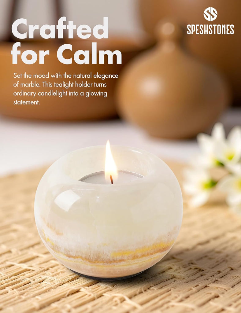 Marble Tea Light & Votive Candle Holders 4 Inch, Cream Onyx | Set of 2, handmade. Fits standard tealights. Dining