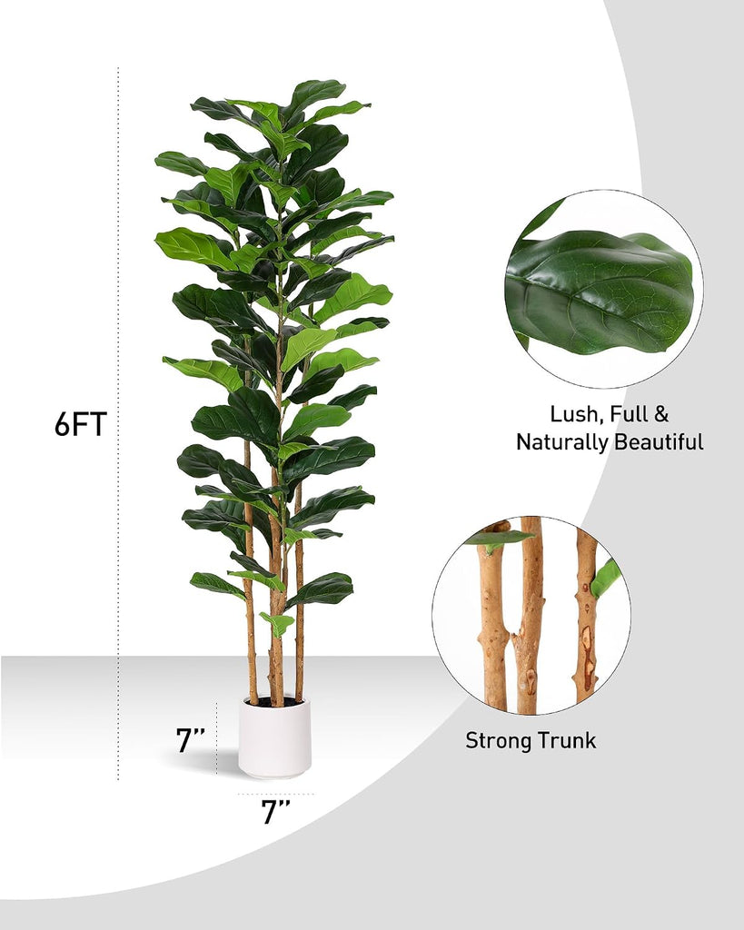 Fiddle Leaf Fig Tree, 6FT Faux Trees Indoor,Tall FakeTree with Decorative planters,Natural Wood Trunk & Realistic