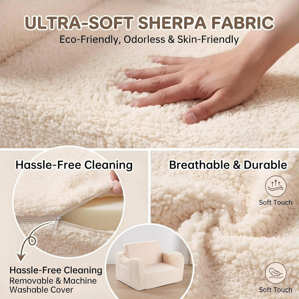 Kids Sofa Chair, in-1 Foldable Couch, Sherpa, Cream
