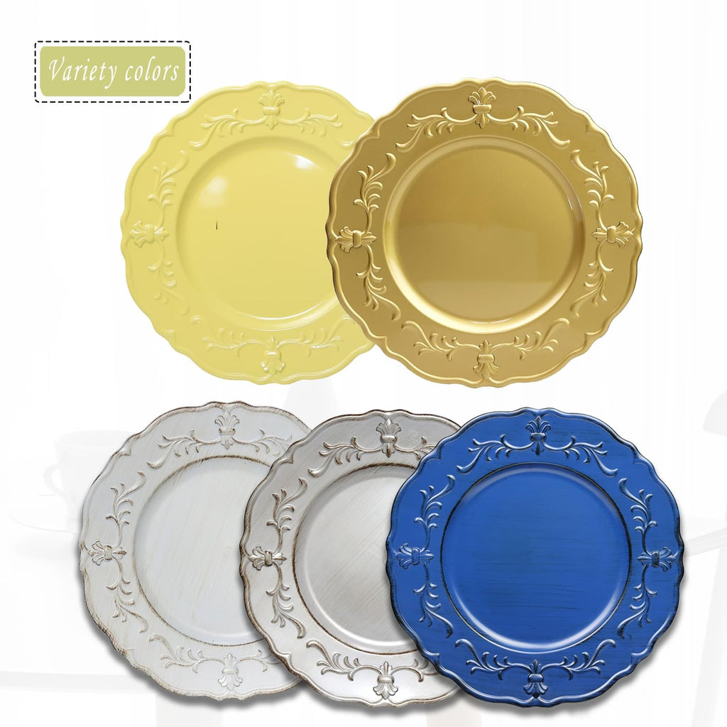 Antique Royal Blue Charger Plate, 13" Embossed Plastic Table Plate Chargers for Dinner, Set of 6 Elegant Decorations