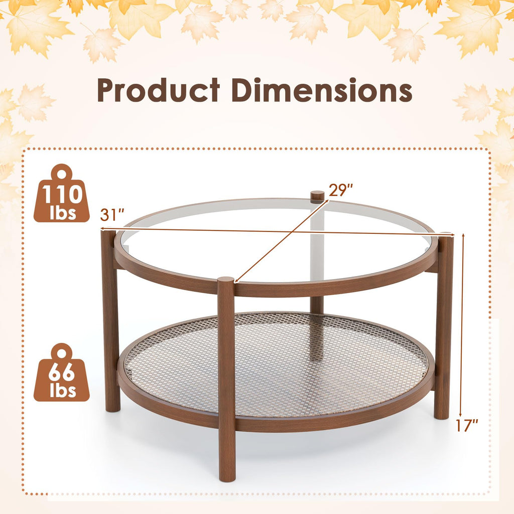 Rattan Coffee Table, Boho Round Glass Tea Table with PE Rattan Storage Shelf & Wood Frame, 2 Tier Accent Center Table