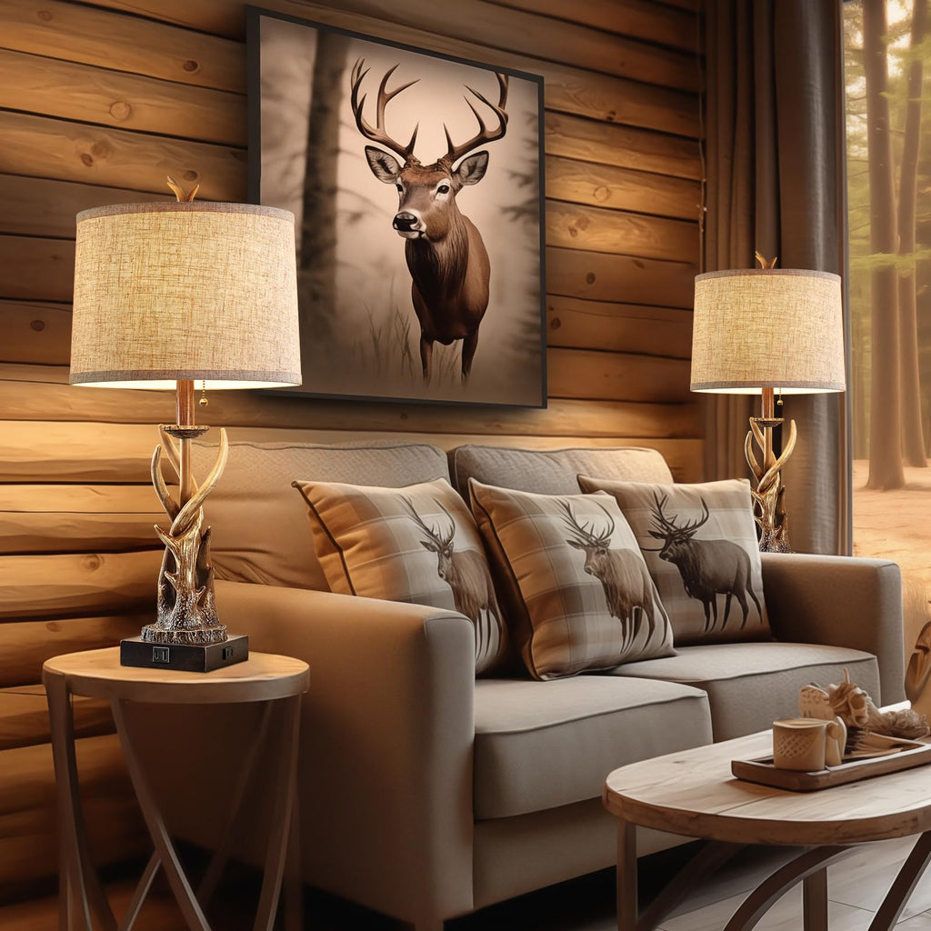 Rustic Deer Antler Table Lamps Set of 2 Farmhouse Bedside Lamps with USB A+C Ports End Table Hunting Themed Cabin