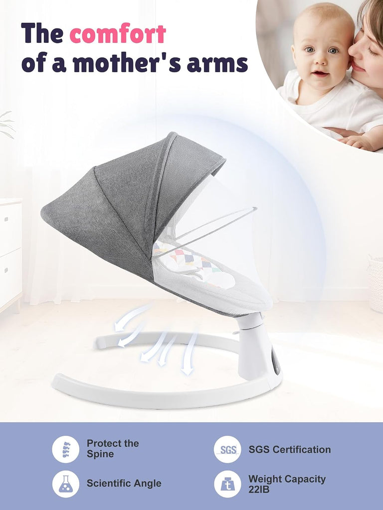 Swing for Infants - Electric Portable Bluetooth Baby Rocker with 5 Speeds, Point Harness, Remote Control, Timing &