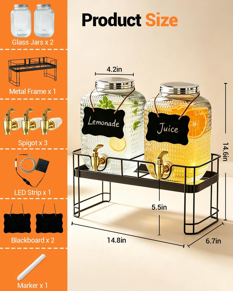 Drink Dispensers for Parties, 2 Pack 1 Gallon Glass Jars with LED Stand - Set of 2