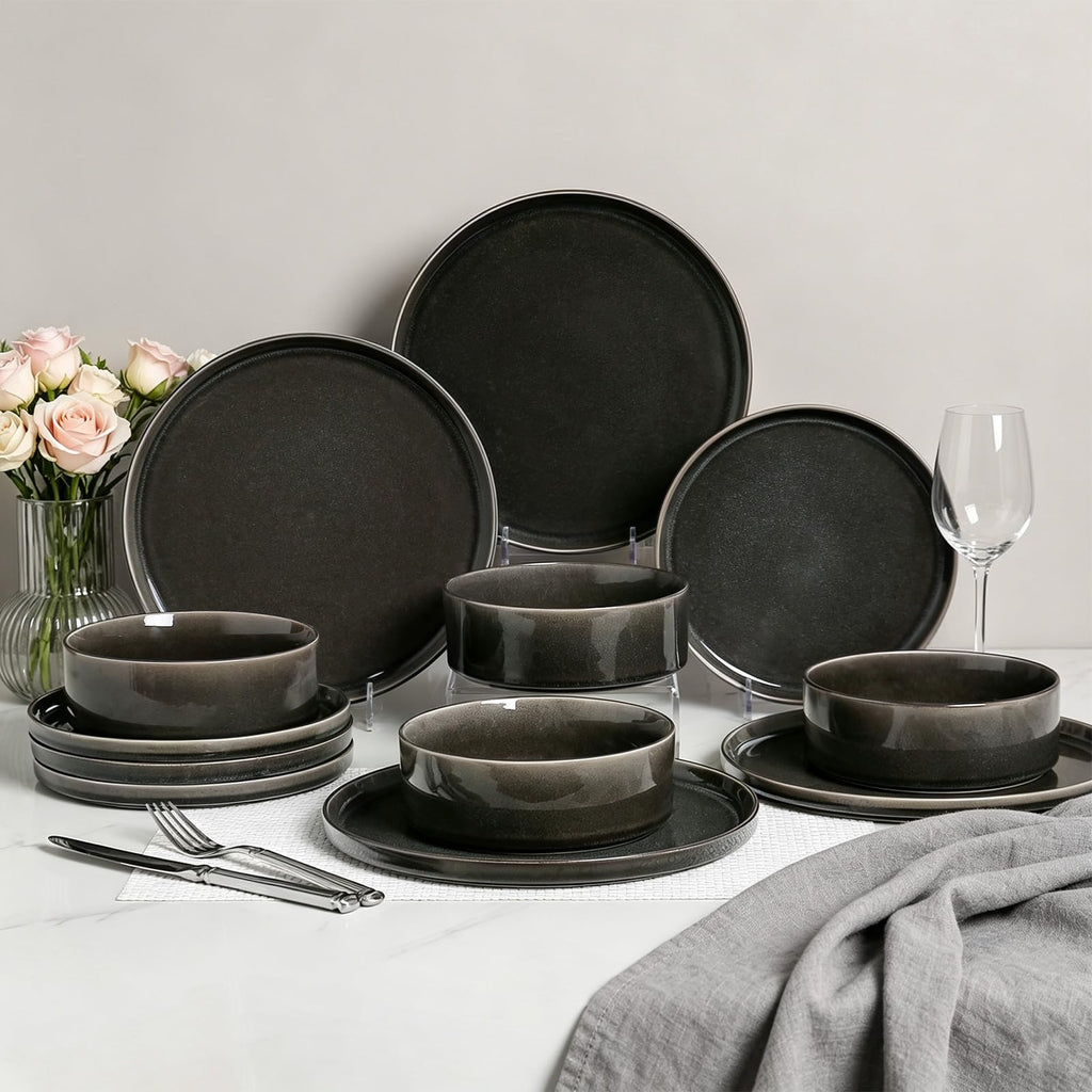 Dinnerware Sets for 4, 12 pcs Reactive Glaze Plates and Bowls Sets, Black