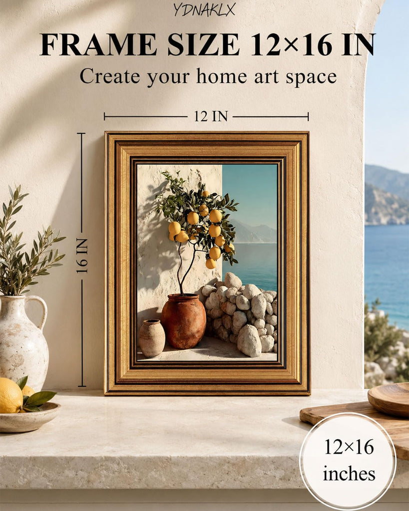 Gold Framed Wall Art, Vintage Mediterranean Lemon Tree Canvas Prints, Coastal Summer Picture Wall Decor, Rustic