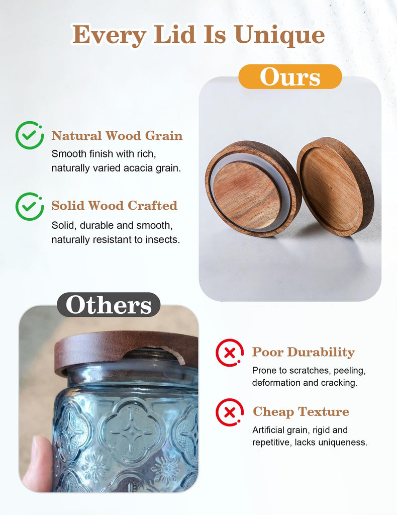 Glass Jars with Airtight Wood Lids - 4 PC 24 OZ Vintage Storage Canisters Set Pantry Bathroom, Decorative Beautiful