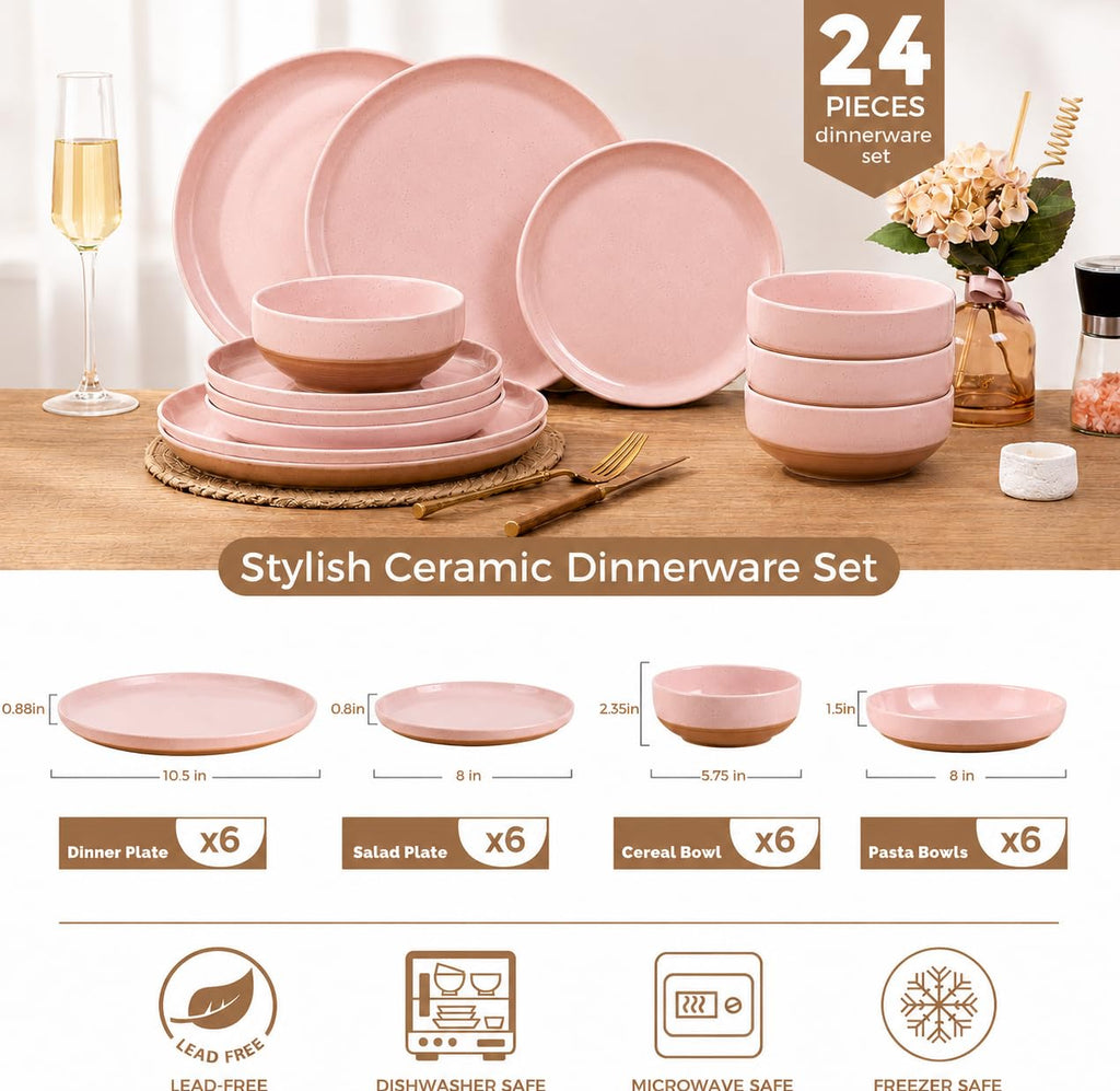 24-Piece Stoneware Dinnerware Set for 6, Plates, Pasta Bowls & Bowls