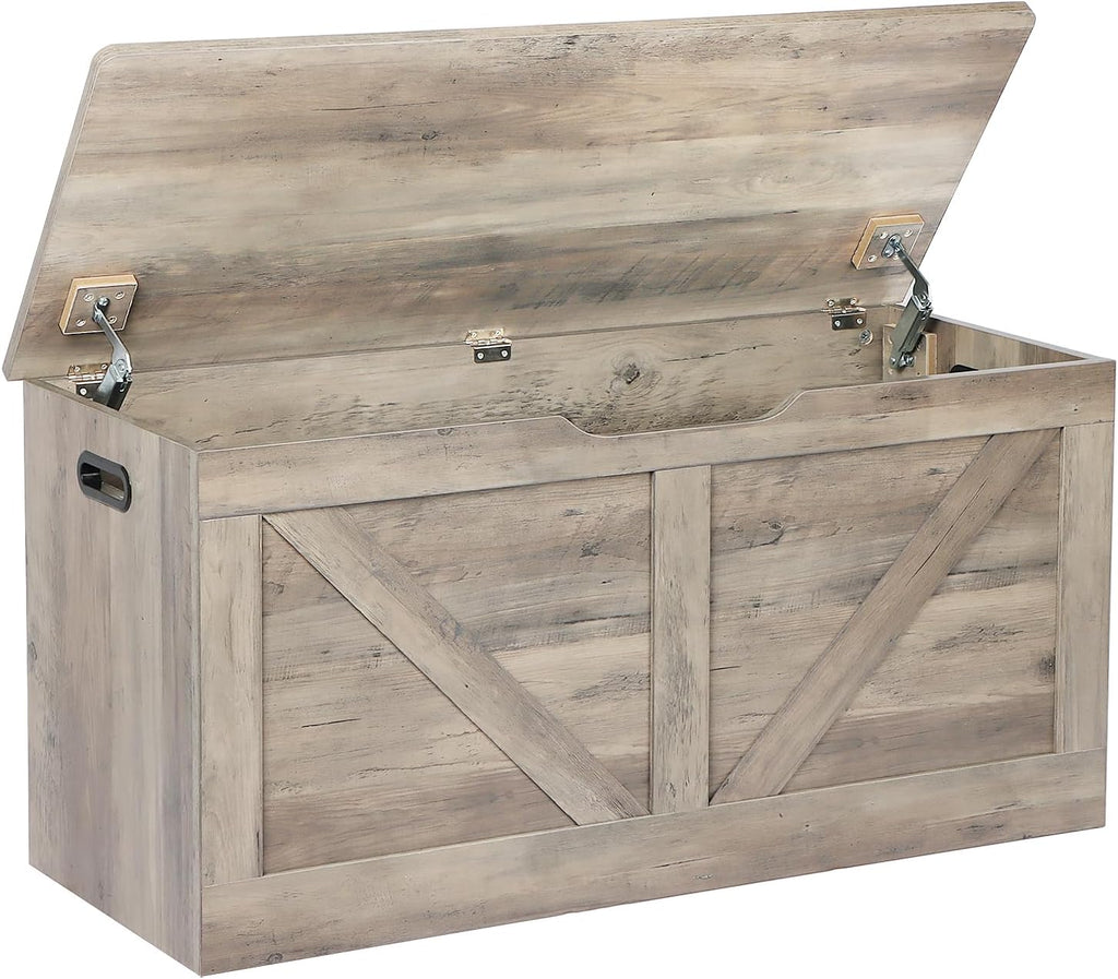 39.4" Storage Chest, Wooden Storage Bench, Large Storage Trunk | Entryway Shoes Bench with 2 Safety Hinges, Grey