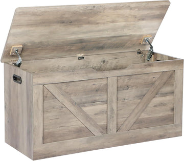 39.4" Storage Chest, Wooden Storage Bench, Large Storage Trunk | Entryway Shoes Bench with 2 Safety Hinges, Grey