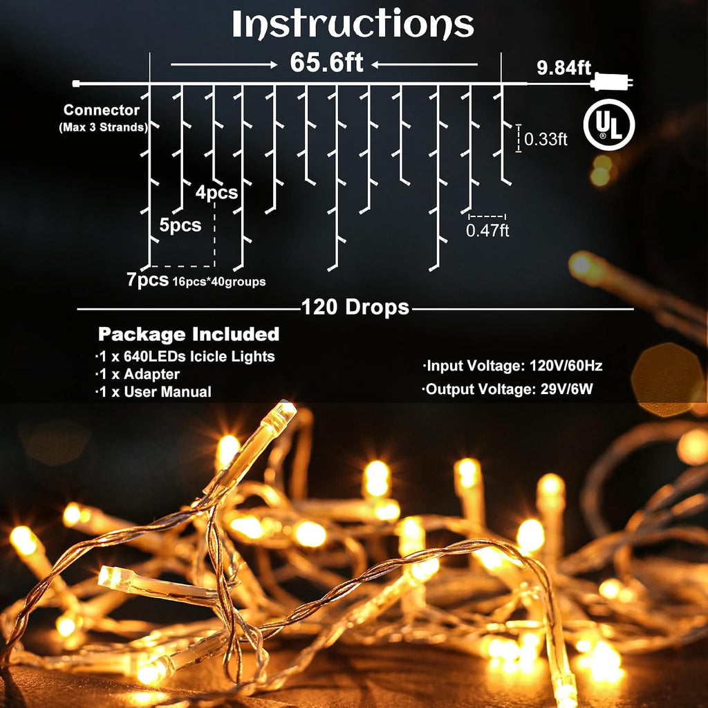 66ft Icicle lights for Outside 640 LED Christmas Lights Outdoor Warm White