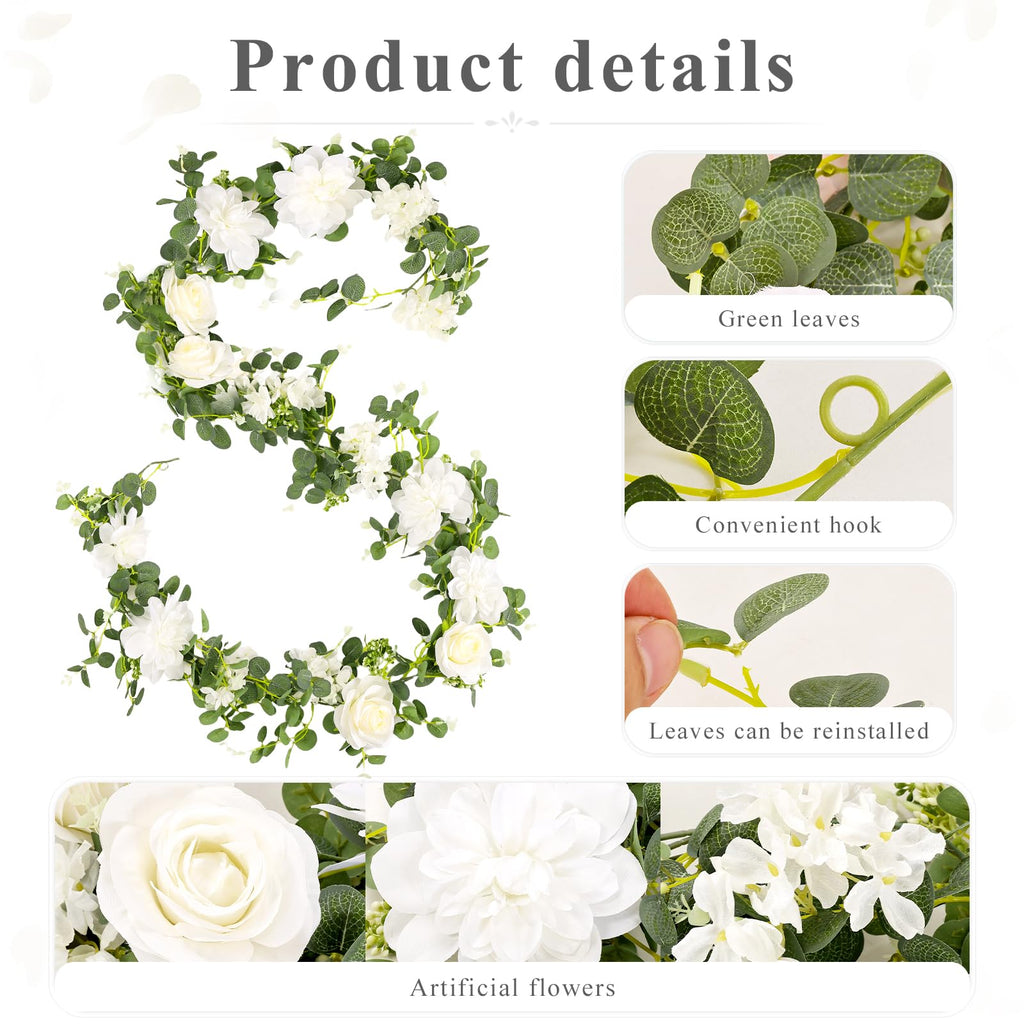 Total 12.4Ft Artificial Flowers Garlands for Decoration, White