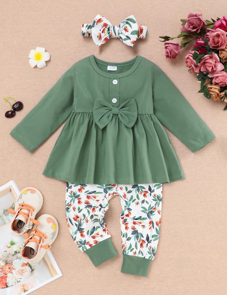 Toddler Baby Girl Clothes Solid Color Ruffle Tops Floral Pants with Headband Fall Winter Cute Girl Outfits