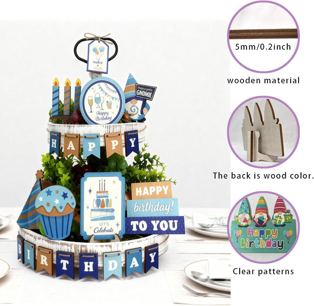 Wooden Tiered Tray Decor Set, Farmhouse Birthday Decor with Happy Birthday Sign, Rustic 2 Tier Tray Stand - Set of 24