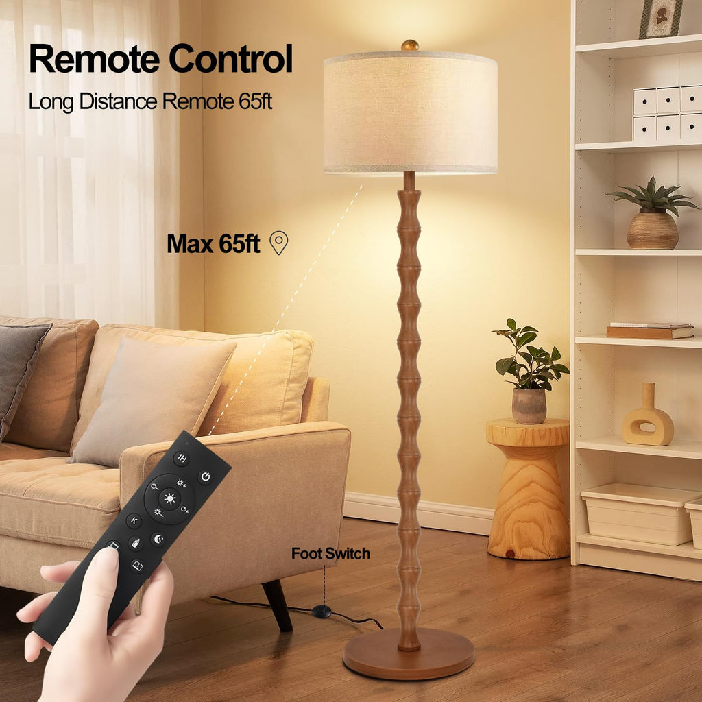 Wood Floor Lamp with 3 Color Temperatures, Boho Floor Lamp with Remote Control, Dimmable Vintage Floor Lamp Mid Century