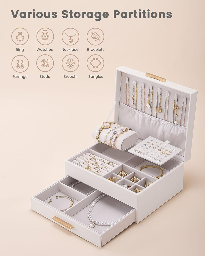 2-Layer Jewelry Box Organizer Holder for Women Girls Mom -Beige