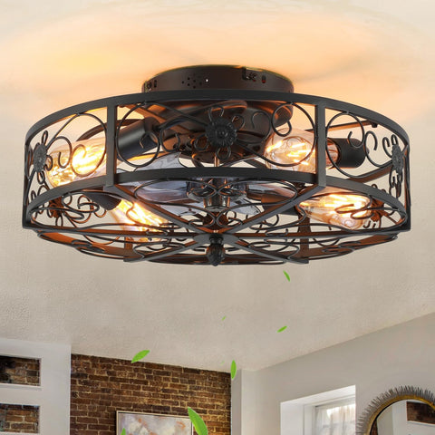 20'' Caged Ceiling Fan with Lights and Remote Control,Small Farmhouse Bladeless Low Profile Ceiling Fans Lights