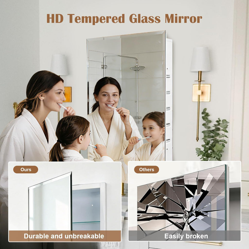 16x20'' Bathroom Medicine Cabinet Mirror with Storage, Surface Mount or Recessed Medicine Cabinet with 3-Tiered
