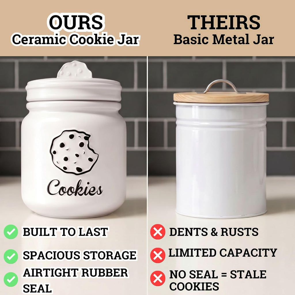 Cookie Jar with Airtight Lid, 6" x 8" Ceramic with Rubber Lined Ceramic Lid