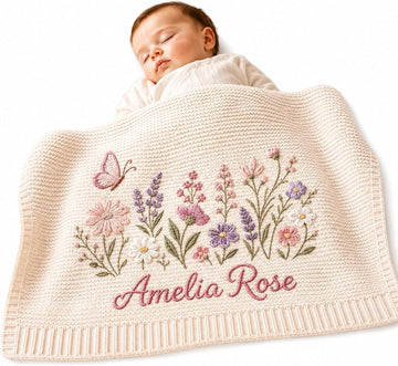 Personalized Knit Baby Blanket, Custom Name Embroidered Wildflower Blanket, Butterfly Baby Girl Keepsake, Newborn Gift