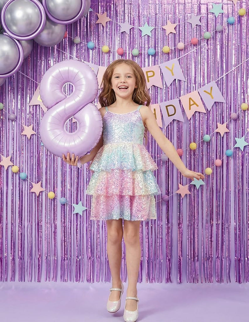 Girls Sequin Formal Dresses Kids Party Special Occasion Fancy Dress Tie Back 3 Layer Prom Graduation Outfits