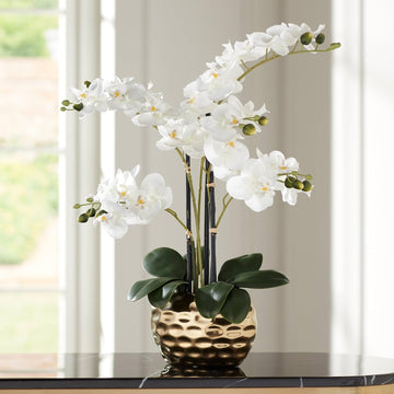 Potted Faux Artificial Flowers Realistic White Phalaenopsis Orchid in Silver Gold Ceramic Pot Home Decoration Living