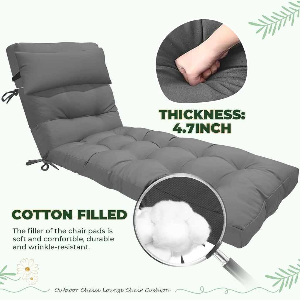 Waterproof Lounge Chair Cushion Outdoor for Chairs, Fade Resistant Chaise Lounger Replacement Cushions with 6 Ties