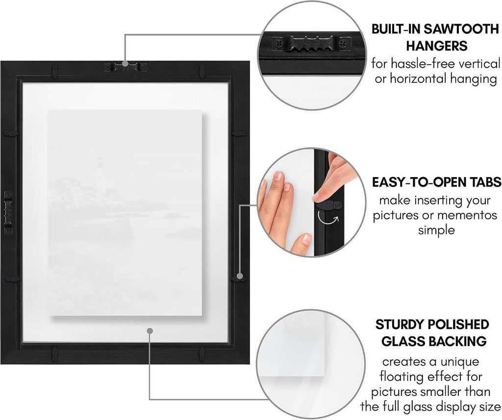11x14 Floating Picture Frame 2-Pack - Engineered Wood - Black | Photo floats between crystal-clear glass, hangs