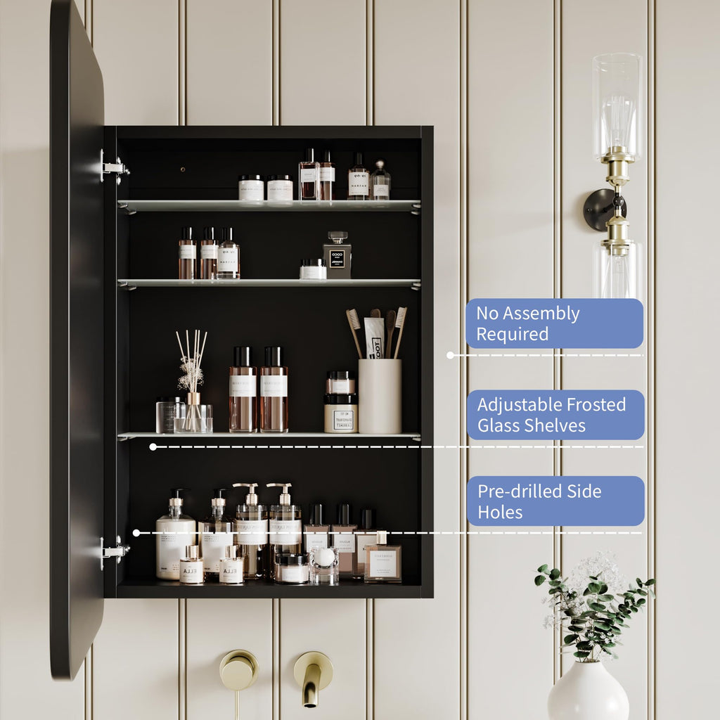 Medicine Cabinet with Black Metal Frame Mirror, Overall 20"x30"