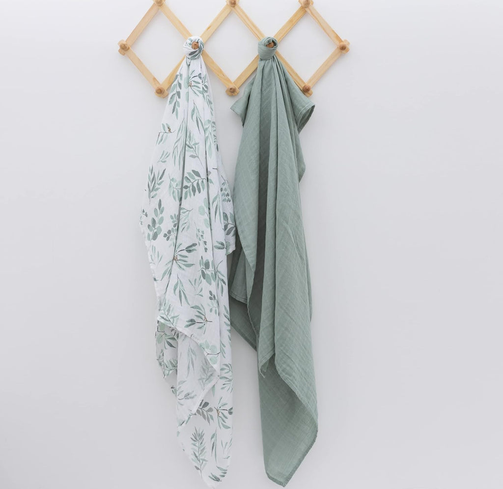 Organic Baby Muslin Swaddle Blankets for Boy or Girl - Eucalyptus Leaves and Sage Swaddling Blanket 2 Pack - Soft