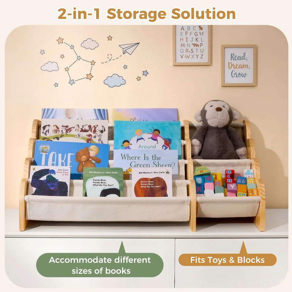 4-Tier Wooden Bookshelf with Storage, Front-Facing Sling Bookcase Organizer with Wavy Edge, Perfect for Playroom