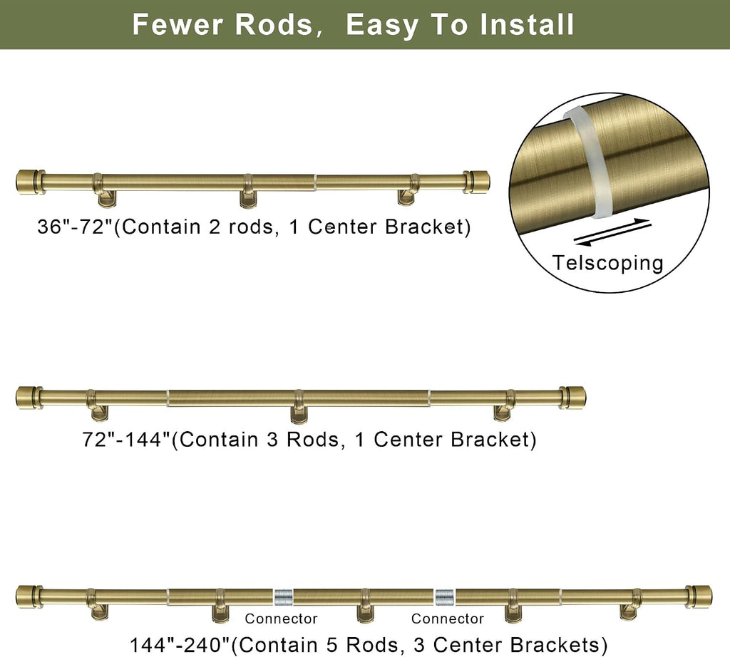 1 1/8 Inch Diameter Curtain Rods 36 to 72 Inches(3-6ft), Telescoping Heavy Duty Large Drapery Rod with Adjustable