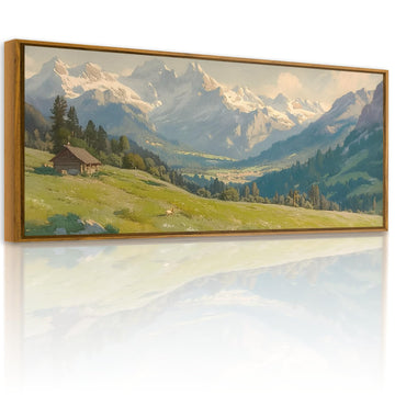 Snowy Mountain Wall Art, Framed Vintage Countryside Art Print
