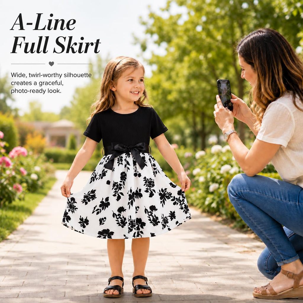Floral A-Line Dress, Short Sleeve Twirl, Bow Waist, Kids Summer Dress