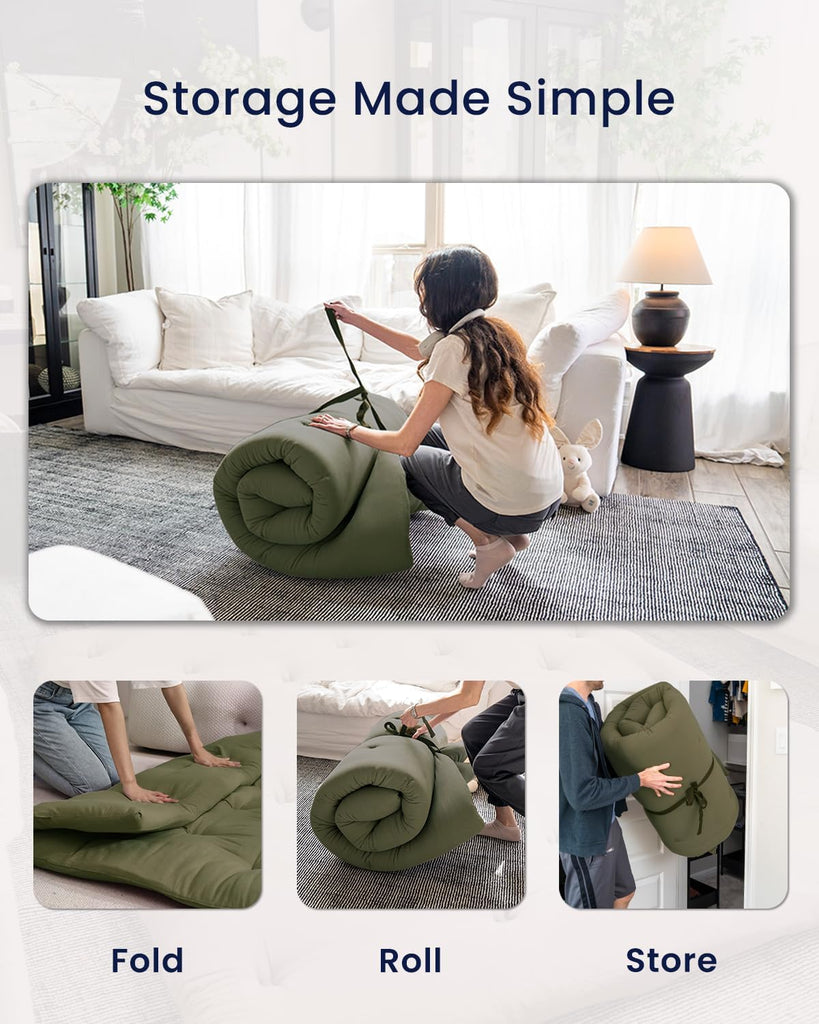 Japanese Floor Futon Mattress Queen Size 60"x 80"(Winter Moss), with Futon Mattress Cover 64'' x 84'' Queen