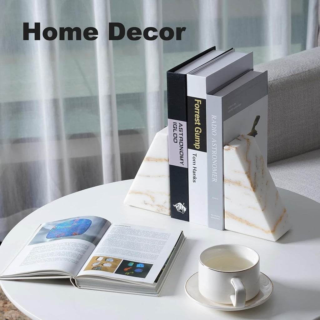 Marble Bookends for Heavy Books, Calacatta Decorative Book Ends for Shelves, Unique and Heavy Bookends for Hardback