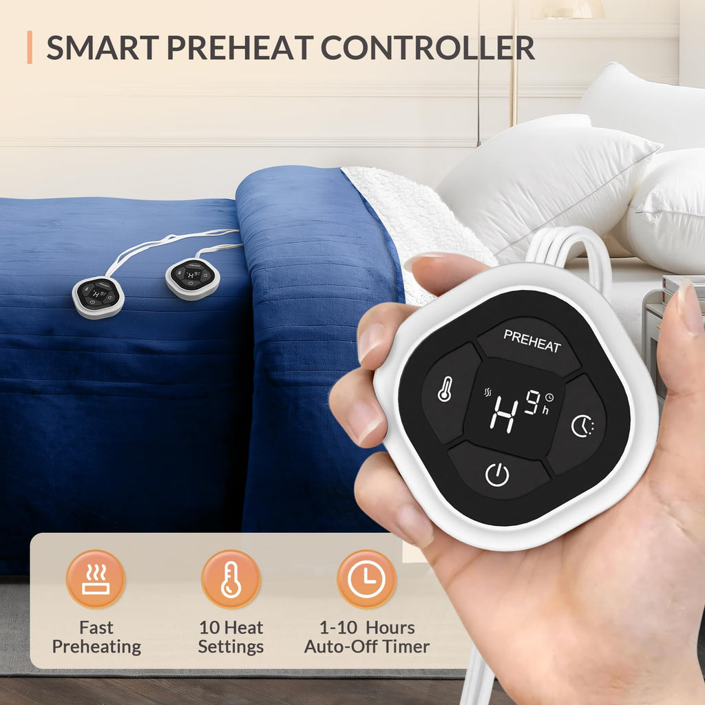 Heated Blanket, 10 Heat Settings, 1-10 Hour Timer, Navy
