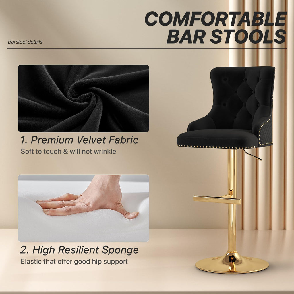 Velvet Bar Stool Set of 1, Back Lion Ring with Rhomboid Pattern