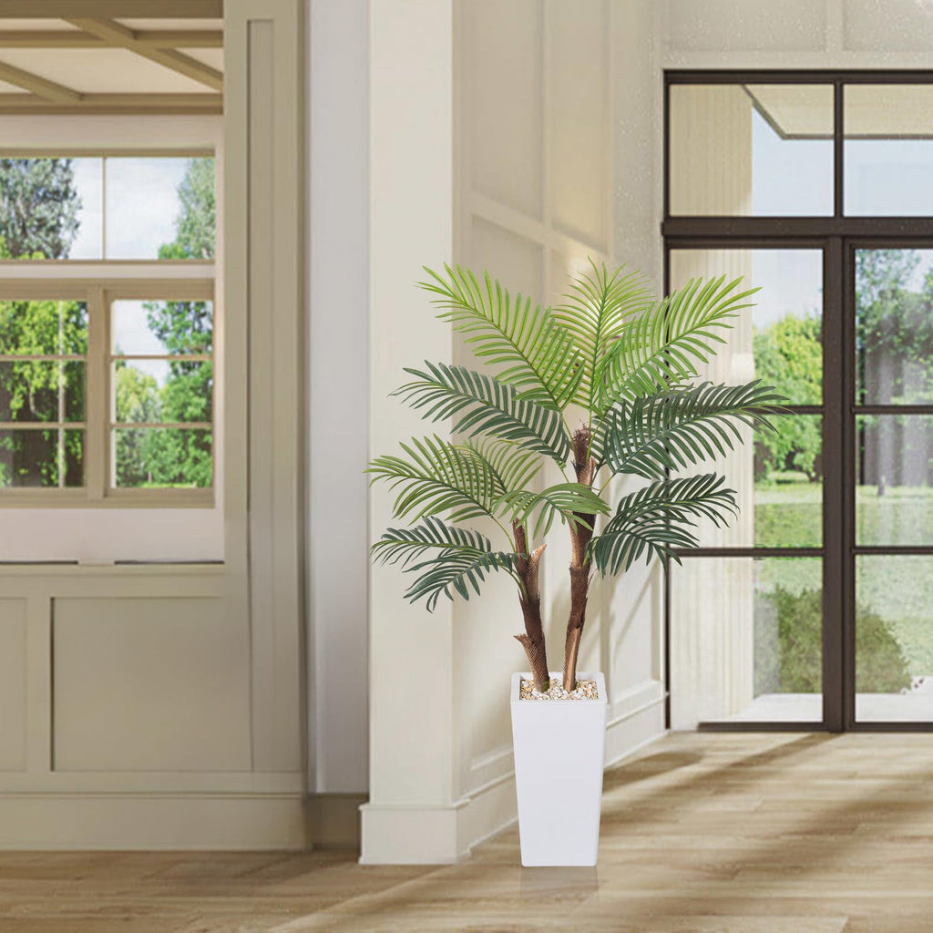 Artificial Palm Tree 5FT, Fake Tree with Realistic Fiber Trunks and White Tall Planter, Faux Tropical Areca Floor