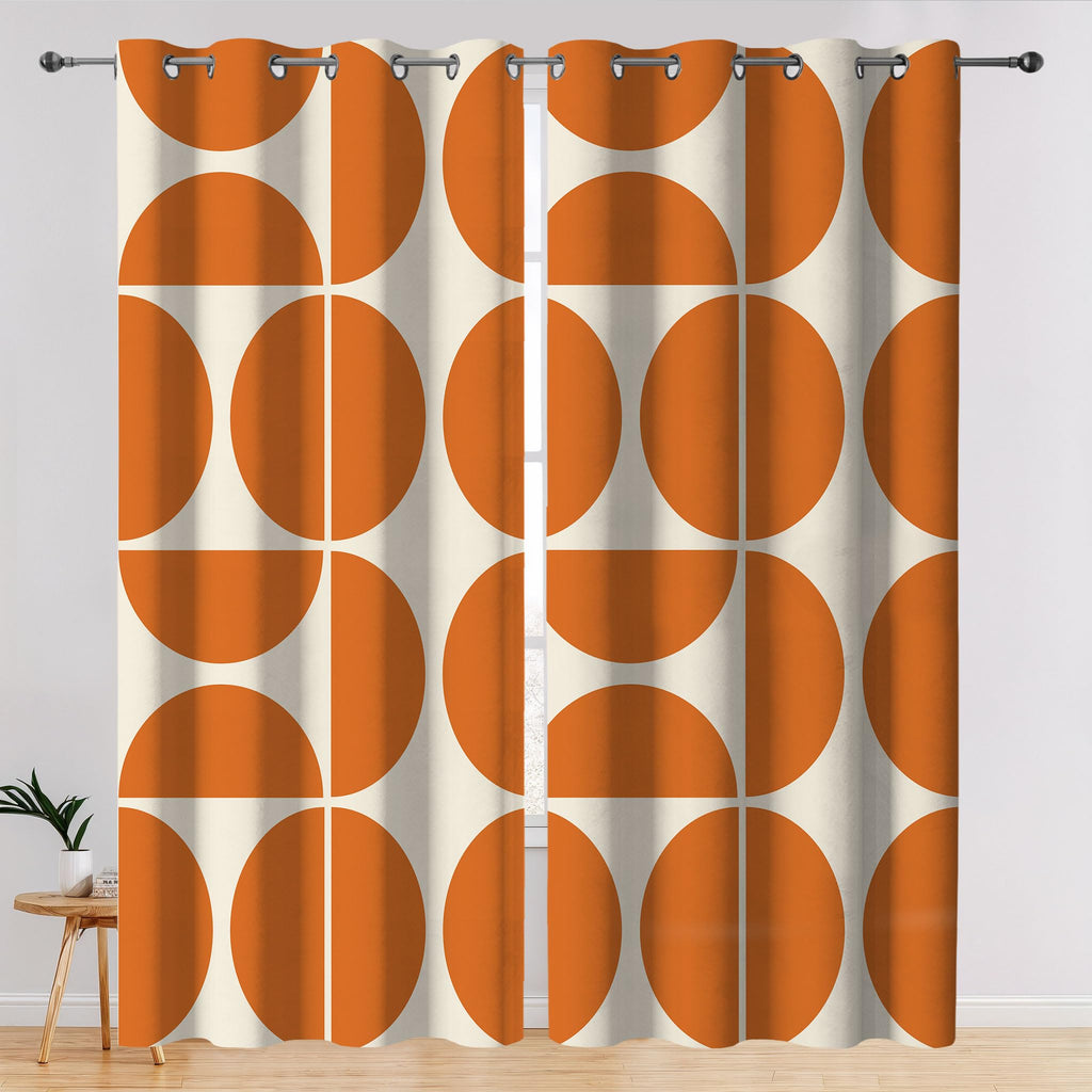 Orange and Beige Modern Geometric Blackout Curtains, Mid Century Retro Abstract Curtains, Boho Unique Semi Circle