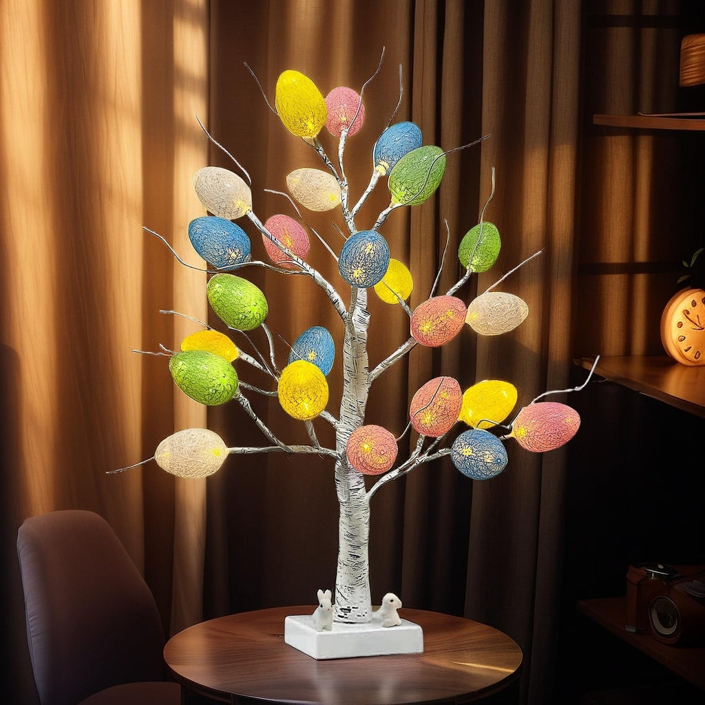 Easter Decorations,Pre-Lit Artificial Easter Egg Tree with LED Lights,2FT Lighted Birch Tree,Light up Tree Lamp
