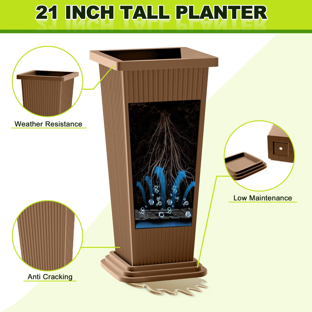 Set of 2 Tall Planters for Outdoor Plants, Brown Ribbed