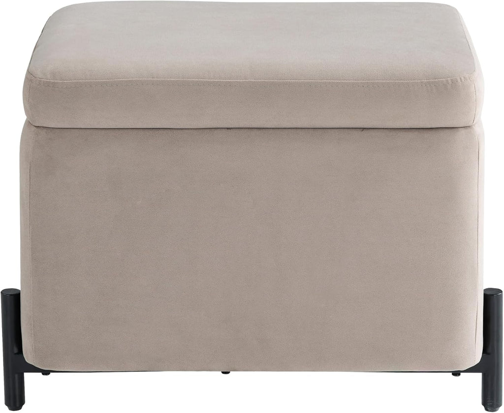 Connor 24" Small Storage Ottoman, Modern Boho, Matte Black Metal Legs, Velvet Fabric, Taupe